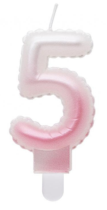 Numura Ombre baltā-rozā svece "Numurs 5", kūkas svece