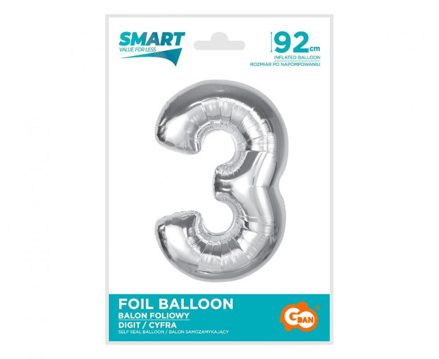 Sudraba folijas balons "Cipars 3", 92 cm