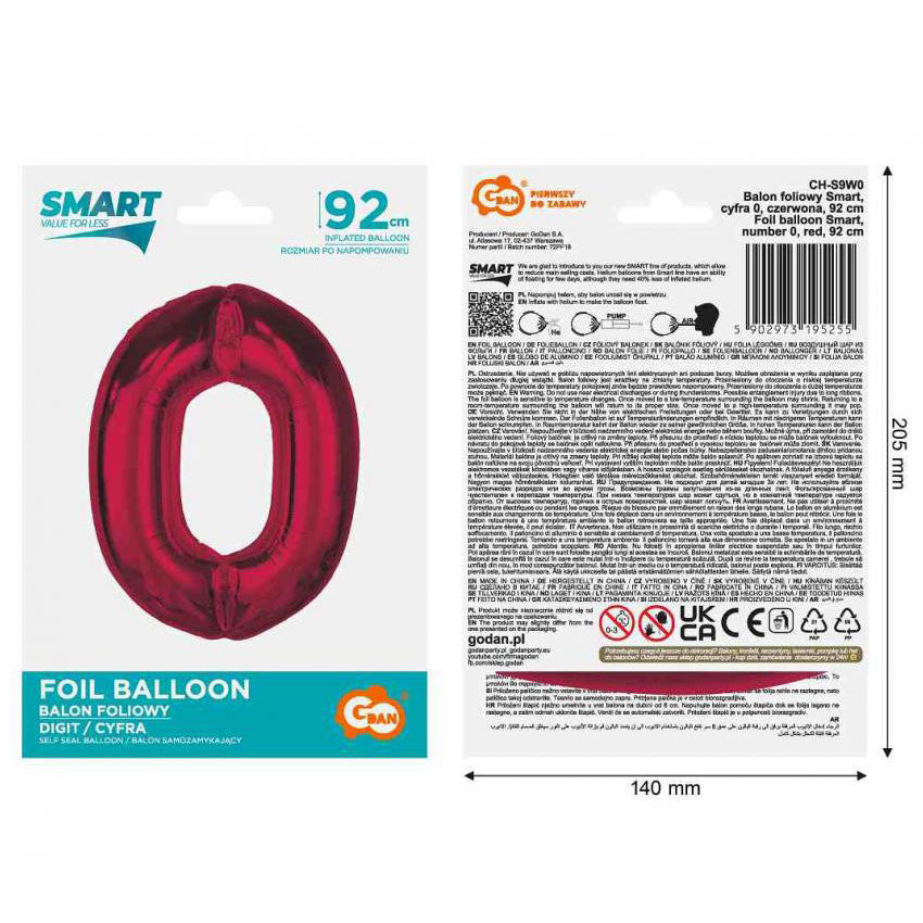 Folijas balons "Sarkans, sarkans, skaitlis 0", 92 cm
