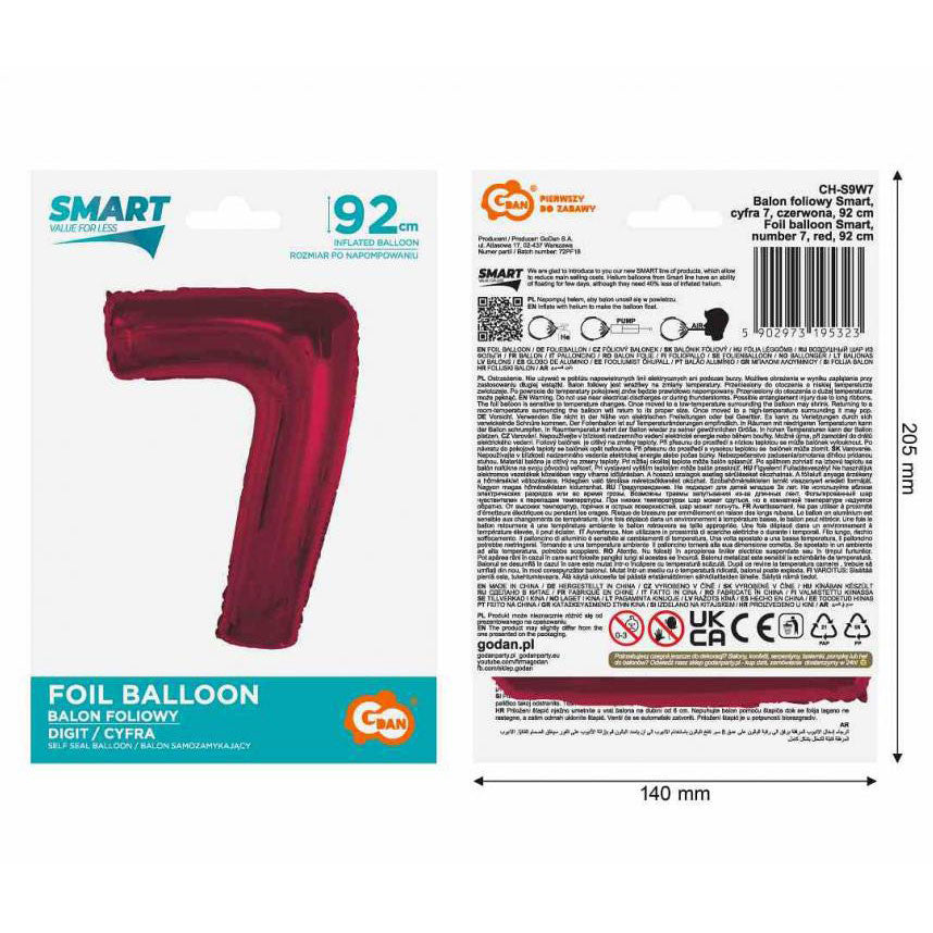 Folijas balons "Sarkans, skaitlis 7", 92 cm