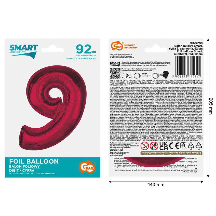Folijas balons "Sarkans, sarkans, skaitlis 9", 92 cm