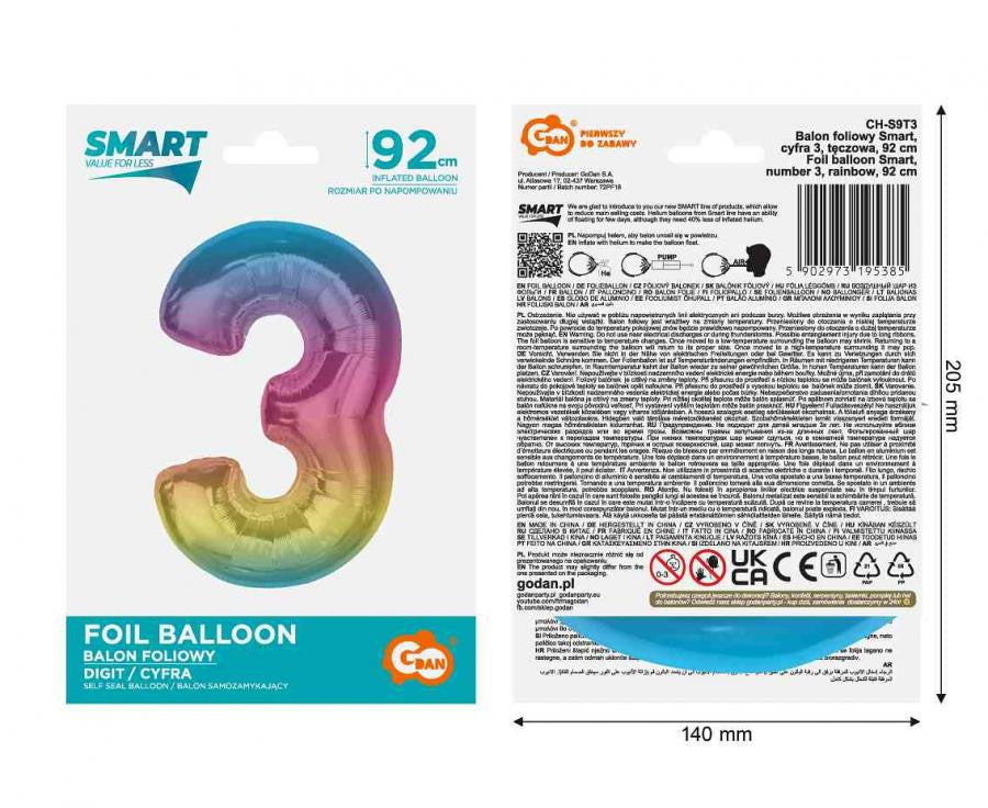 Folijas balons "Cipars Varavīksne" 92 cm, krāsains, skaitlis 3