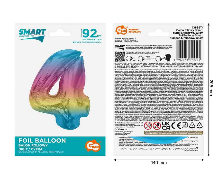 Folijas balons "Cipars Varavīksne" 92 cm, krāsains, skaitlis 4