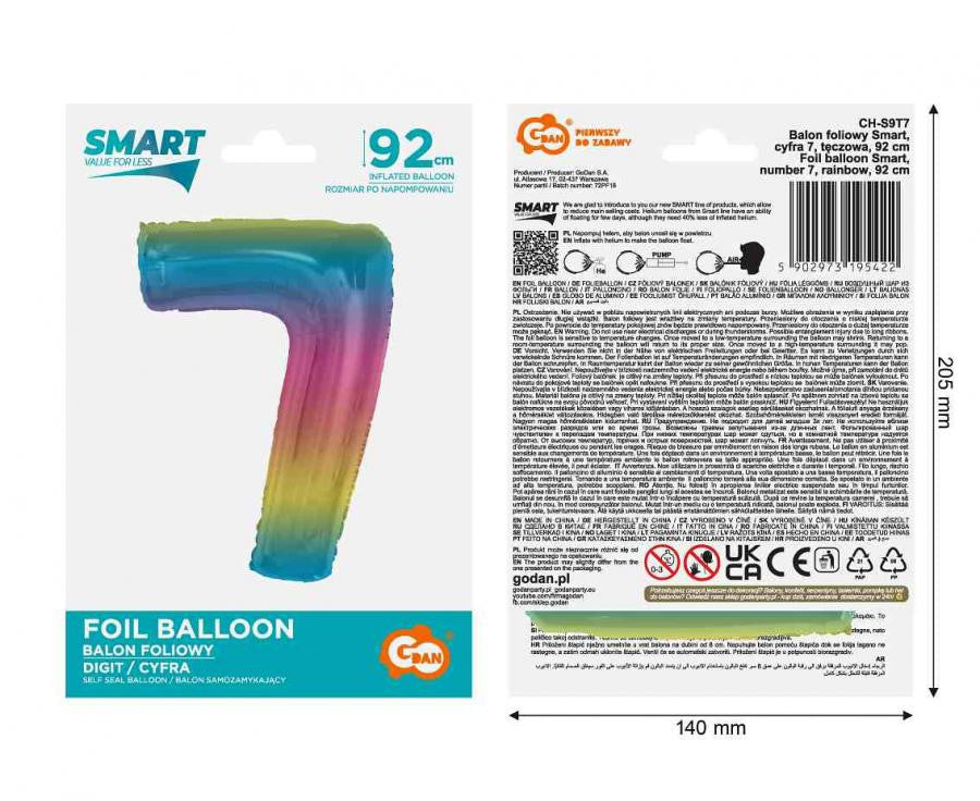 Folijas balons ar skaitli 7, 92 cm, krāsains, varavīksnes krāsās