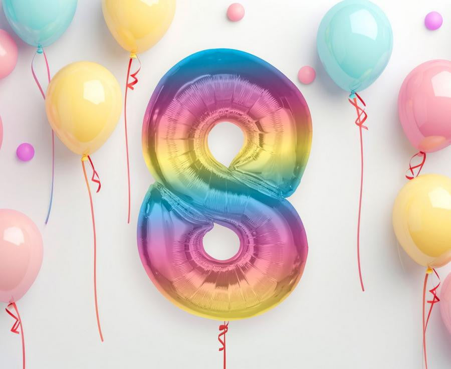 Krāsains folijas balons ar skaitļa 8 figūriņu, 92 cm