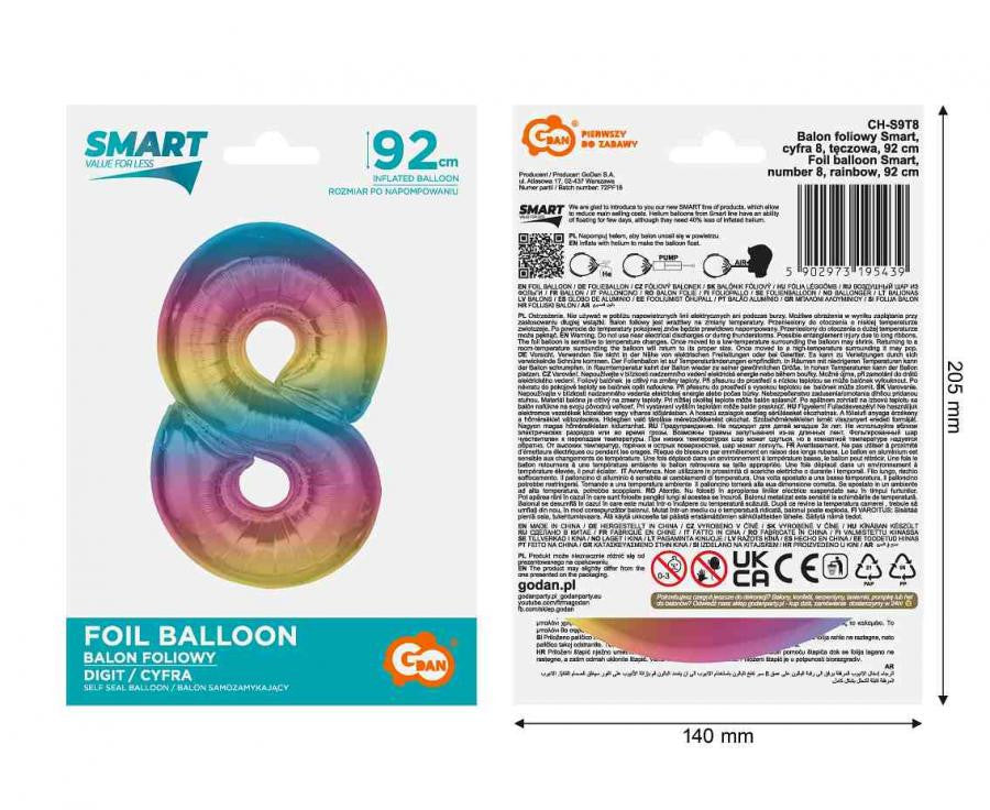 Krāsains folijas balons ar skaitļa 8 figūriņu, 92 cm