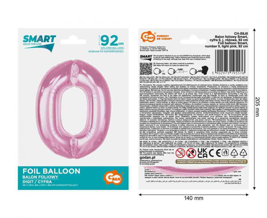 Folijas balons "Cipars 0", gaiši rozā, 92 cm