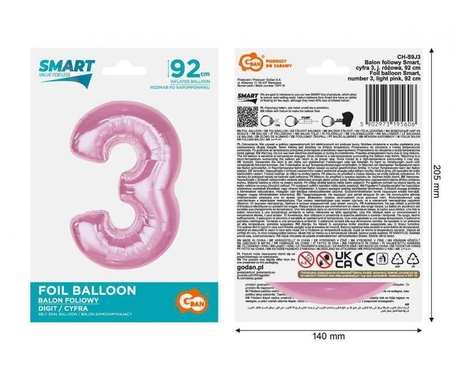 Folijas balons "Cipars 3", gaiši rozā, 92 cm