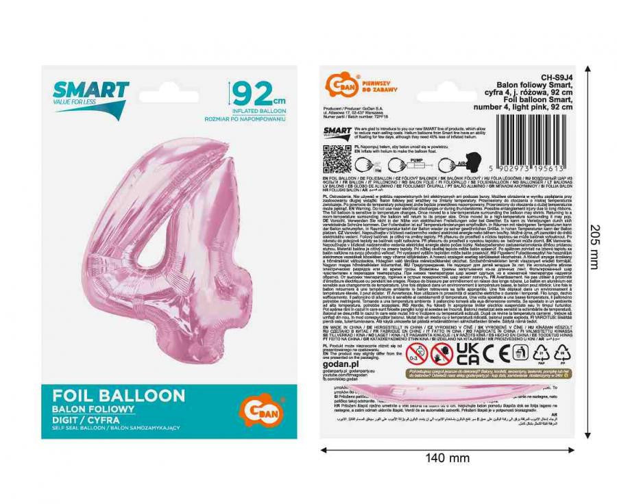 Folijas balons "Cipars 4", gaiši rozā, 92 cm