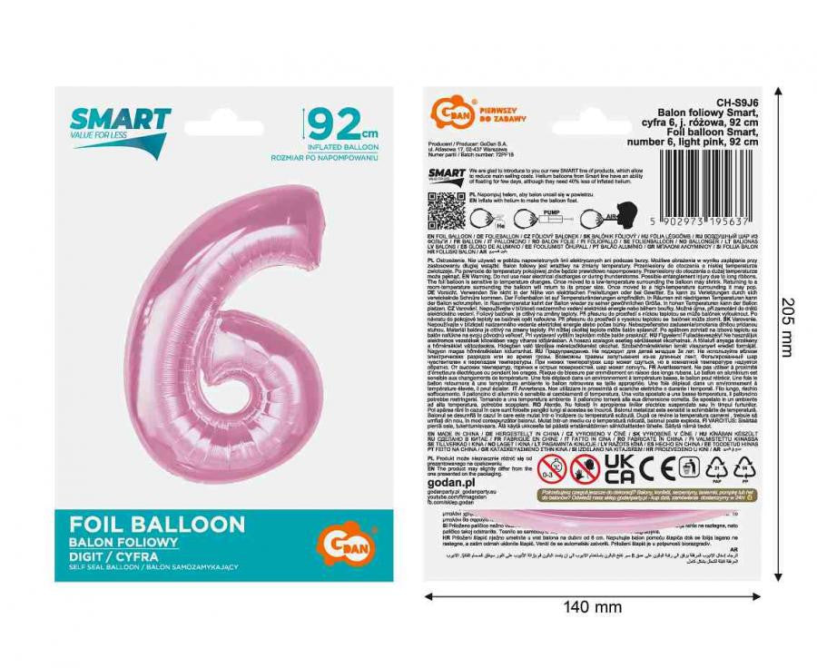 Folijas balons "Cipars 6", gaiši rozā, 92 cm