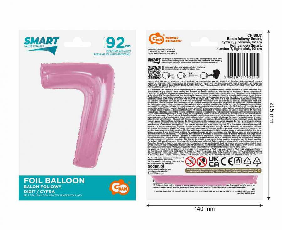 Folijas balons "Cipars 7", gaiši rozā, 92 cm