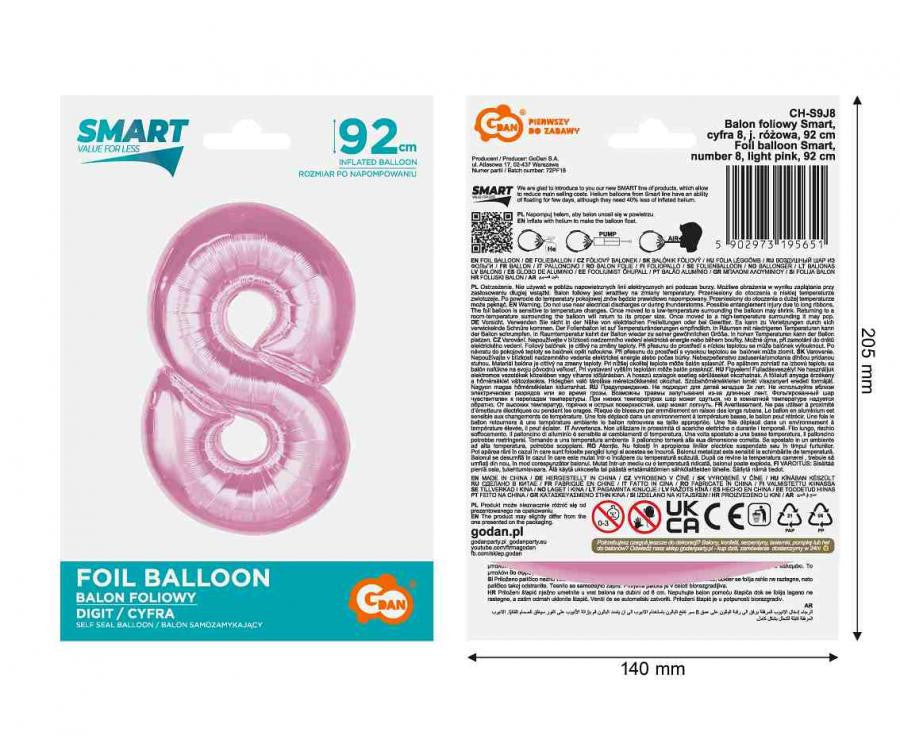 Folijas balons "Cipars 8", 92 cm, gaiši rozā