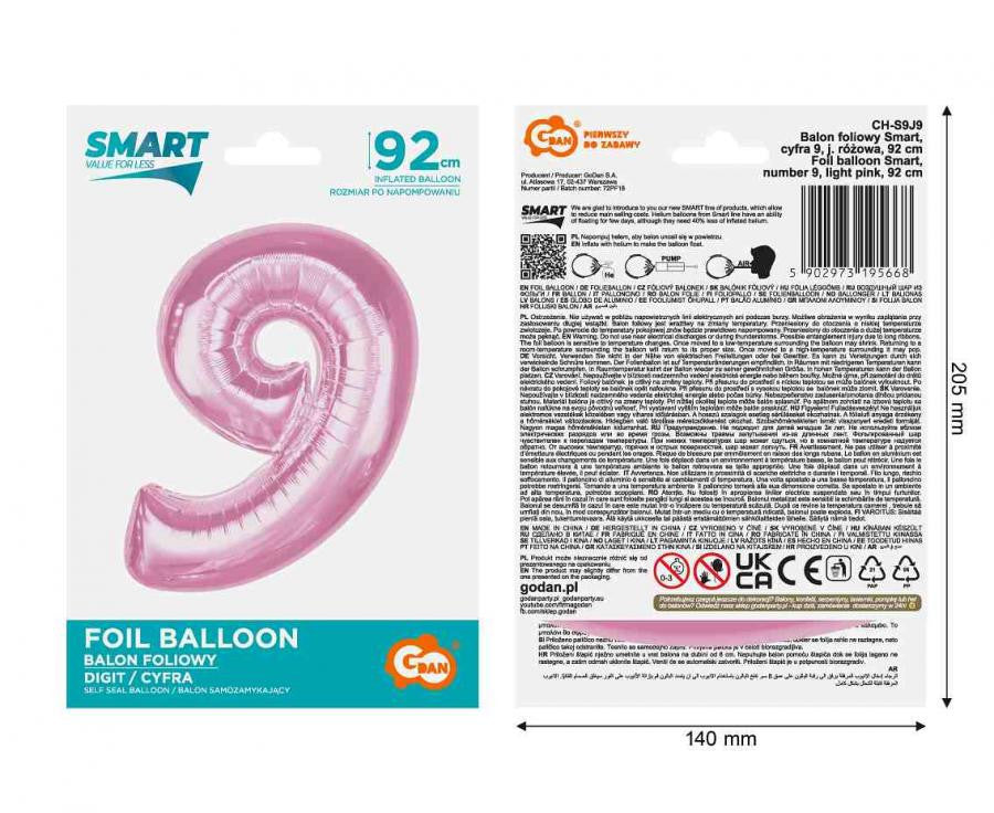 Folijas balons "Cipars 9", 92 cm, gaiši rozā