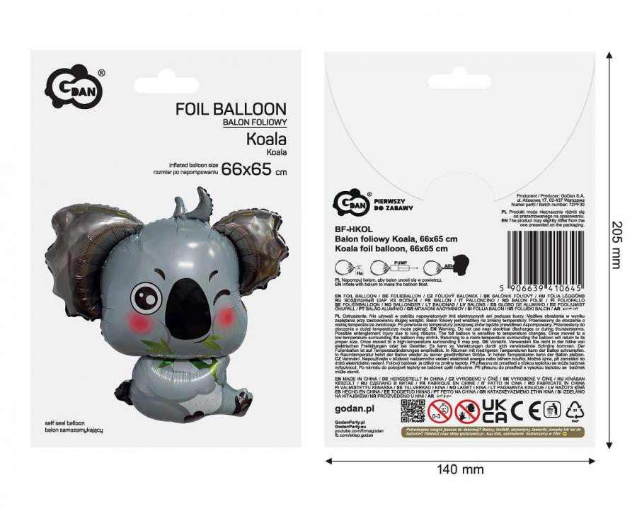 Folijas balons "Dzīvnieki" ar pelēku koalu figūriņu, 66 cm