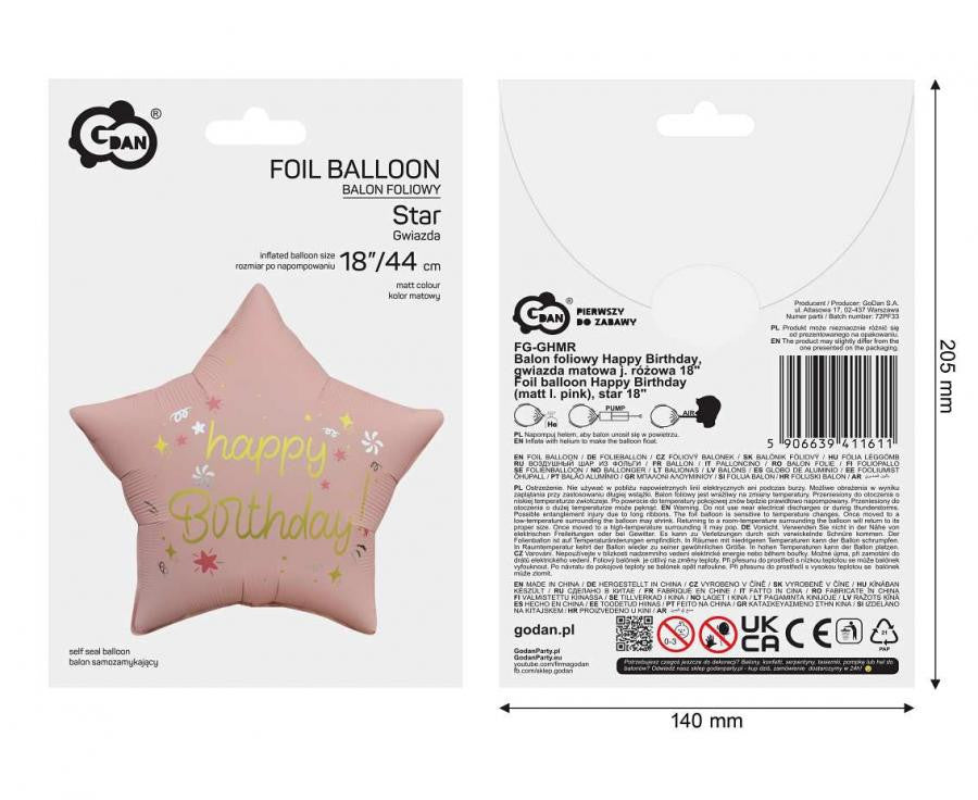 Daudz laimes dzimšanas dienā, matēti rozā, folijas balons "Dzimšanas diena", 44 cm