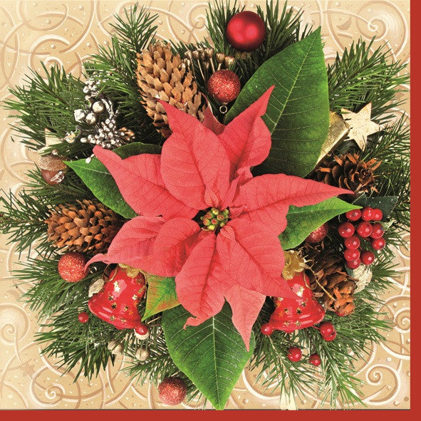 Sarkanas Ziemassvētku salvetes ar poinsettia rakstu, 20 gab. iepakojumā, 33x33 cm