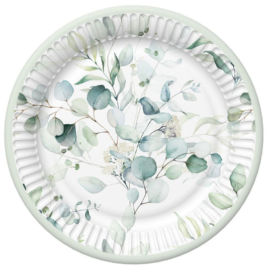 Krāsainu eikalipta zariņu ziedu papīra šķīvju komplekts, 8 gab., 18 cm