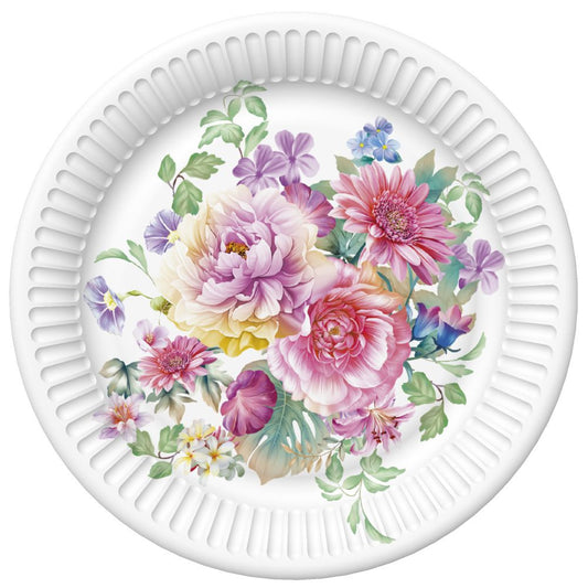 Krāsu kompozīcijas ziedu papīra šķīvji 8 gab. 18 cm