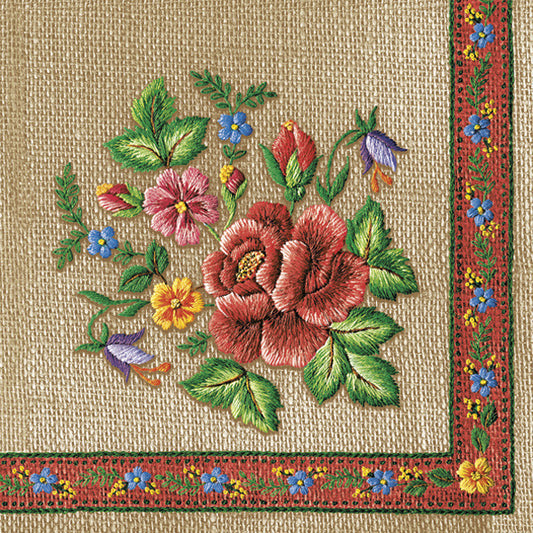 Izšūtas salvetes ar krāsainām rozēm kalna stilā, 20 gab., 33x33 cm