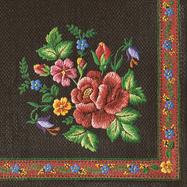 Krāsainās rozes kalnu melnās izšūšanas salvetes 20 gab. 33x33 cm
