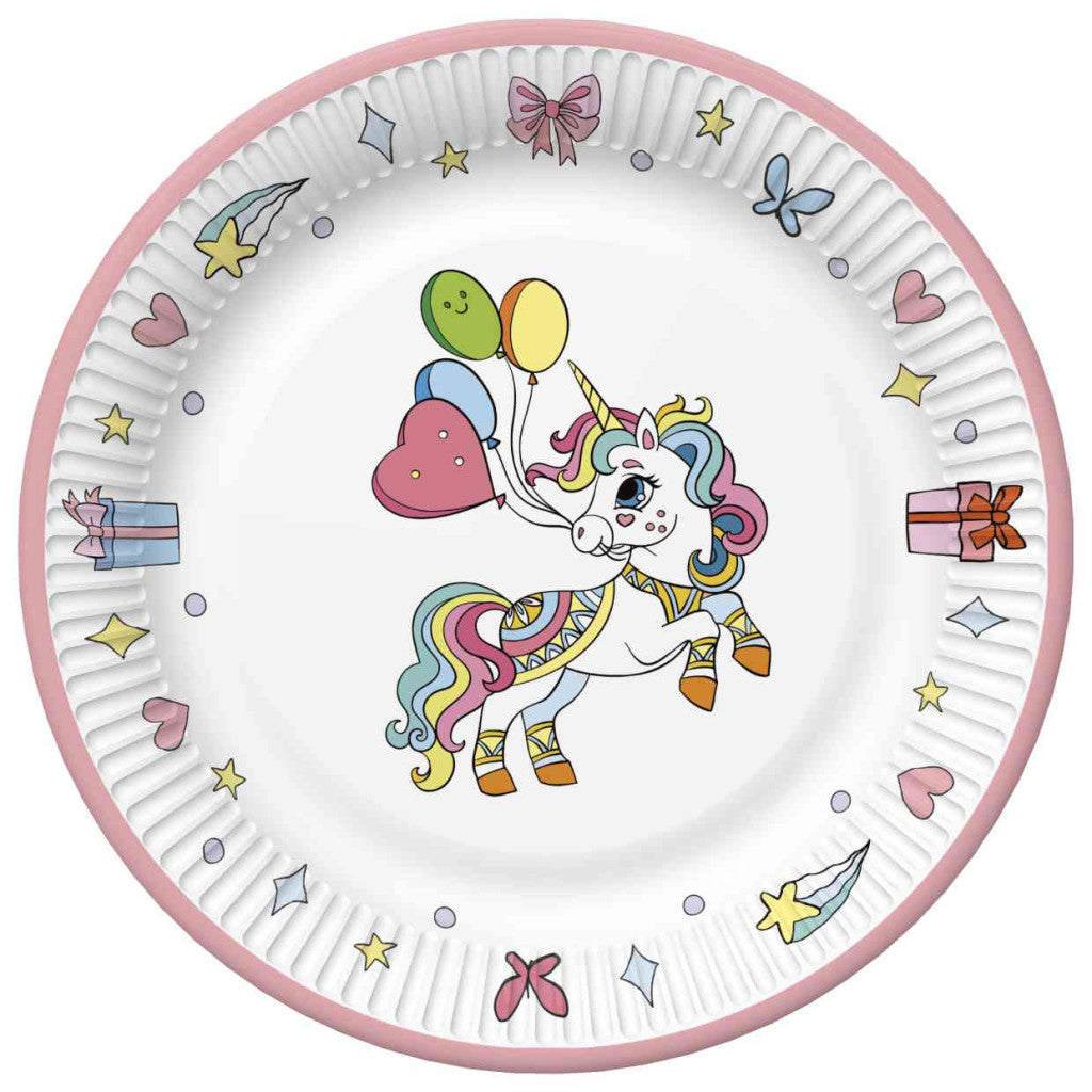 Vienradža krāsainie papīra šķīvji 8 gab. 18 cm