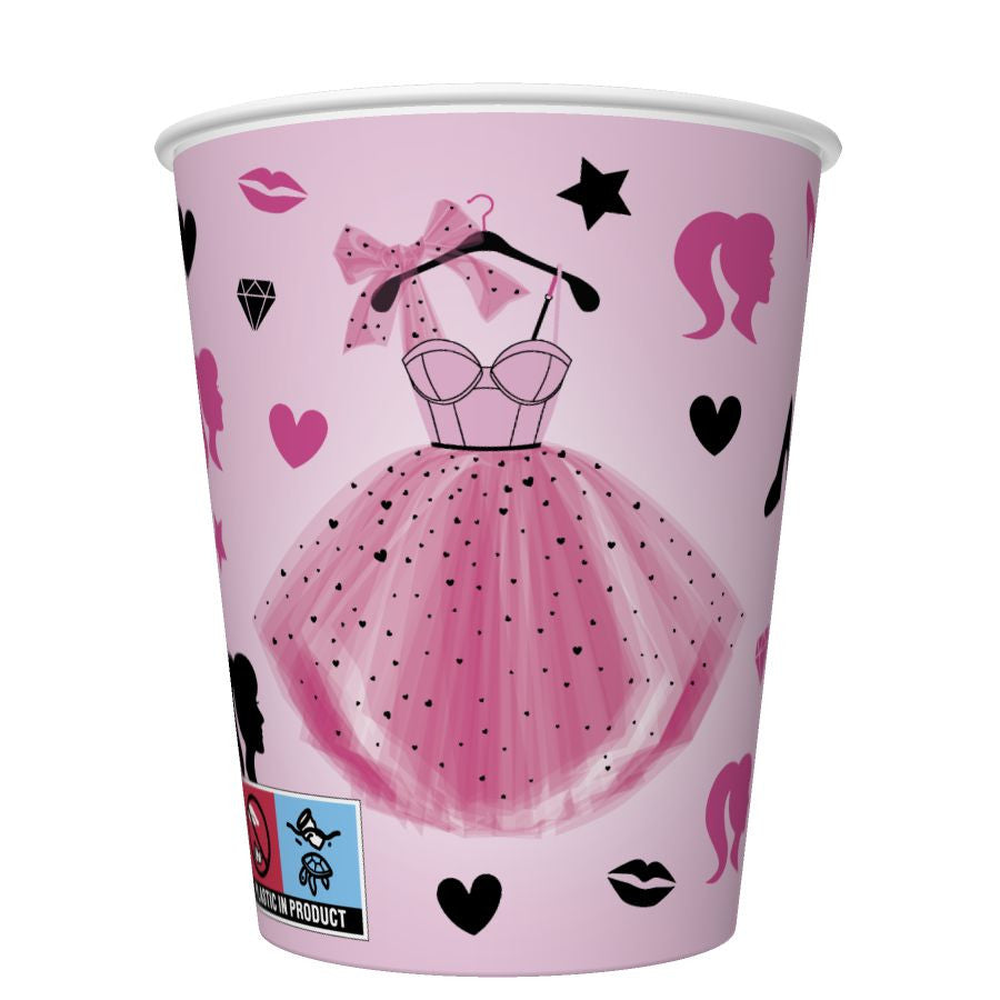 Krāsainas ballīšu kleitas meitenes tematikas papīra krūzītes, 8 gab., 250 ml