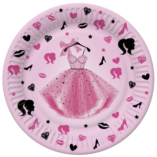 Krāsainas ballīšu kleitas meitenīgām papīra šķīvjiem 8 gab. 18 cm