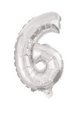 Sudraba krāsas skaitlis 6, sudraba folijas balons 10 cm