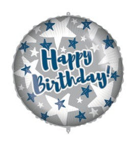 Daudz laimes dzimšanas dienā, zilas sudraba zvaigznes, folijas balons, 46 cm
