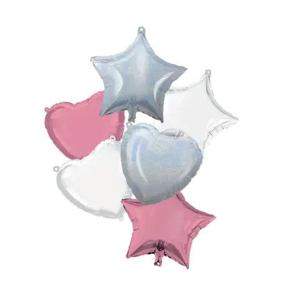 Rozā krāsas balts sirds, zvaigžņu folijas balonu komplekts 6 gab. 46 cm