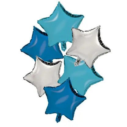 Sudrabaini zila, gaiši zila zvaigzne, folijas balonu komplekts, 6 gabali, 46 cm