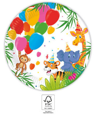 Džungļu balonu papīra šķīvju komplekts, 8 gab., 20 cm, FSC