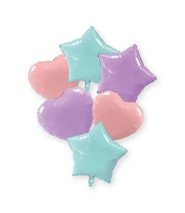 Krāsa pasteļzila, rozā, ceriņkrāsas, zvaigžņu formas folijas balonu komplekts, 6 daļas, 46 cm