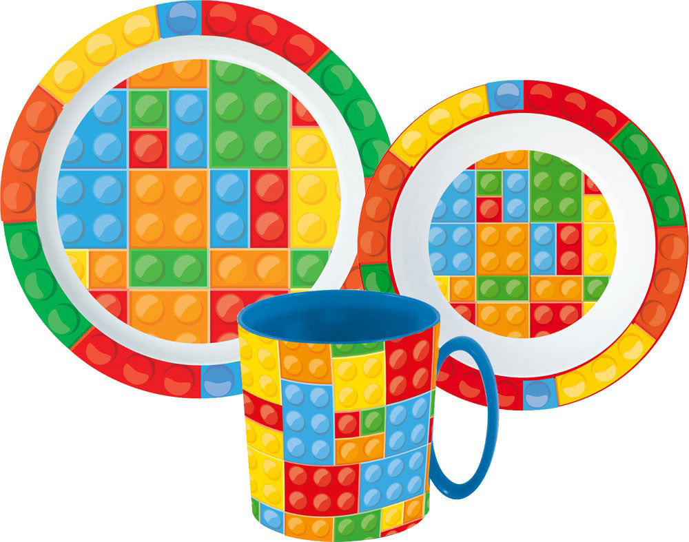 Lego tematikas klucīšu vakariņu komplekts, mikroplastmasas komplekts ar krūzi 350 ml