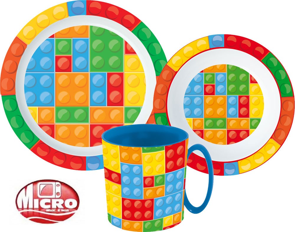 Lego tematikas klucīšu vakariņu komplekts, mikroplastmasas komplekts ar krūzi 350 ml