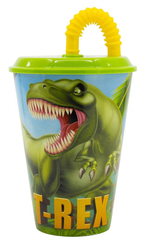 Dinozaura T-Rex plastmasas krūzīte ar salmiņu, 430 ml