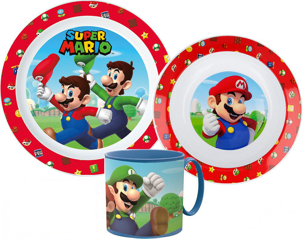 Super Mario vakariņu komplekts, mikroplastmasas komplekts ar krūzi 265 ml